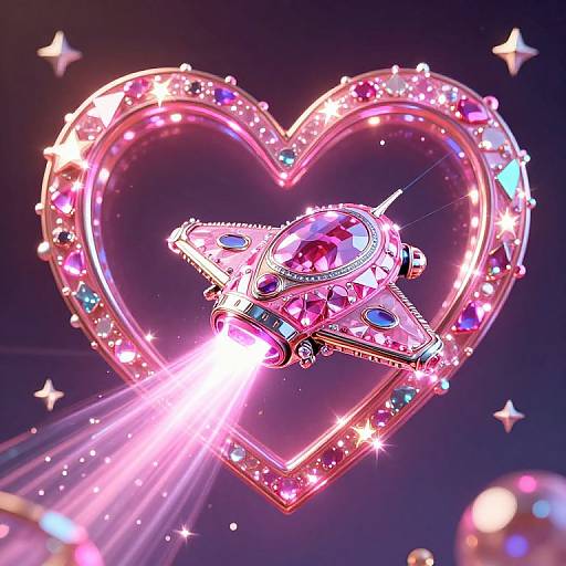 Digital artwork of a sparkling, gem-encrusted spaceship flying through a glowing, heart-shaped frame with starburst effects and colorful gems.