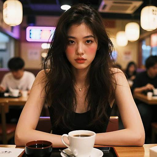 Photograph of an Asian woman with long, messy black hair and red cheeks, wearing a black tank top, sitting at a café table with a white