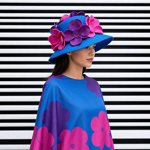 Photograph of a woman in a vibrant blue and pink floral-patterned cloak and wide-brimmed hat with large purple and pink flowers, set against