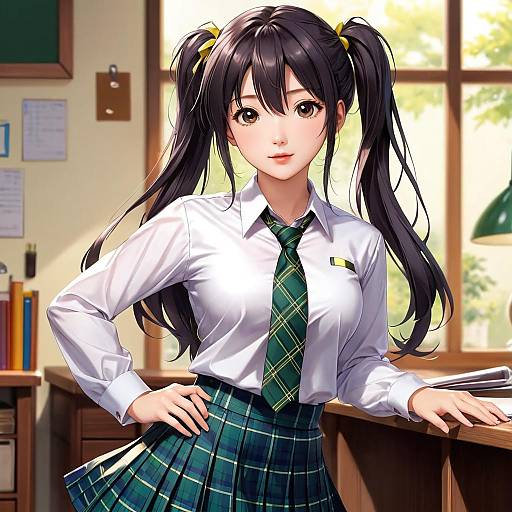 Anime-style drawing of a cute, young woman with long black pigtails, wearing a white shirt, green plaid tie, and skirt, standing