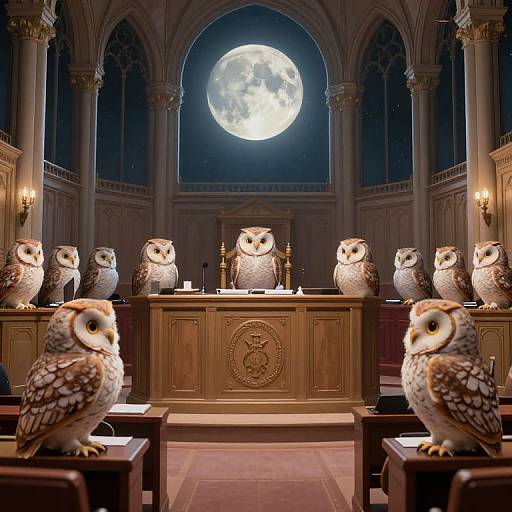 Photograph of nine owls, each perched on a pew, in a dimly-lit, Gothic-style church with a large, bright full