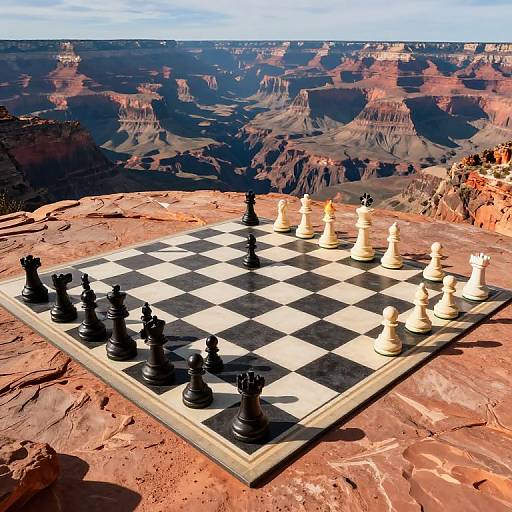 Photograph of a chessboard with black and white pieces set on a rocky Grand Canyon ledge, overlooking vast, multicolored canyon scenery under a bright