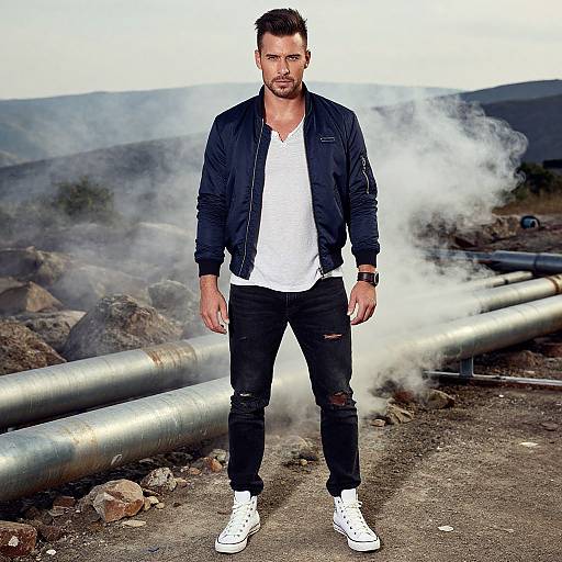 Photograph of a bearded man with short brown hair, wearing a black jacket, white shirt, black ripped jeans, and white sneakers, standing in