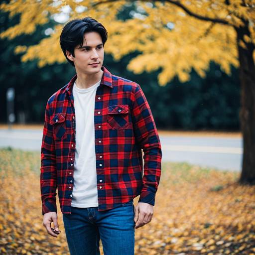 Young man in red plaid shirt in autumn outdoors