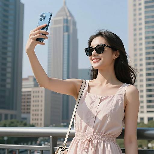 Cheerful Woman in Vibrant Cityscape