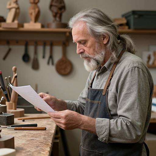 Elderly Man in Workshop Examining Paper