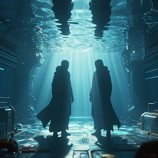 Two silhouetted figures in long, flowing robes stand in a futuristic, dimly lit corridor with radiant blue light beams overhead, creating a mysterious