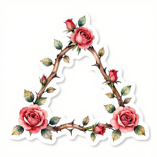Watercolor floral wreath with vibrant pink roses, thorny branches, and green leaves, forming a triangular frame on a white background.