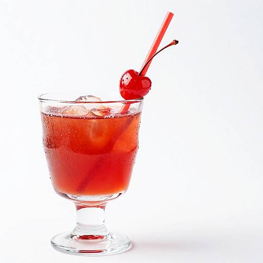 Photograph of a red cocktail in a glass with condensation, topped with a bright red cherry on a red straw, against a white background.