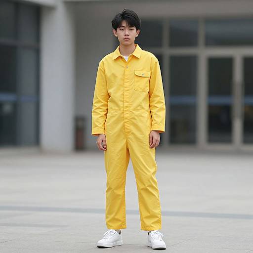 Photograph of an Asian man with short black hair, wearing a bright yellow jumpsuit and white sneakers, standing confidently in front of a modern glass building