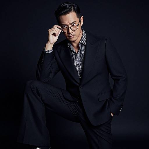 Photograph of a suave Asian man in a black suit and checkered shirt, adjusting glasses against a dark background.