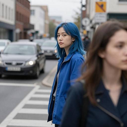 Urban Street Scene with Blue-Haired Woman