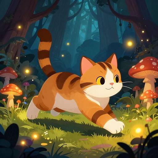 Digital illustration of a cute, orange and white tabby kitten with black stripes, playfully stalking glowing mushrooms in a magical, dark forest illuminated by fire