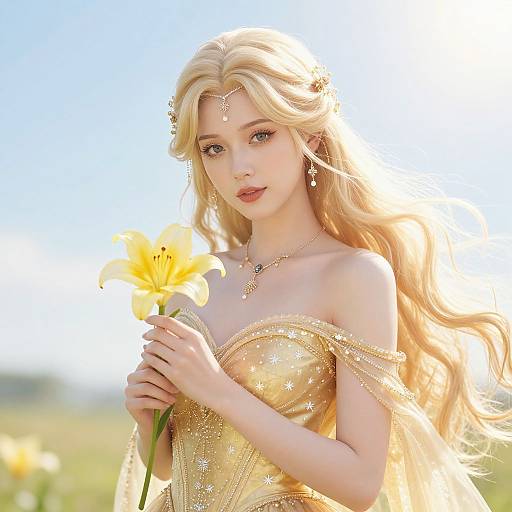 Digital artwork of a beautiful, blonde, elf-like woman with long hair, holding a yellow lily. She wears an off-shoulder, gold
