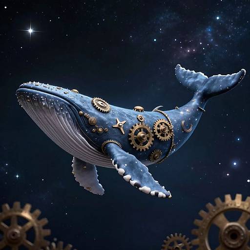 Digital art of a blue, gear-adorned whale floating in a starry, cosmic background with large gears in the foreground.