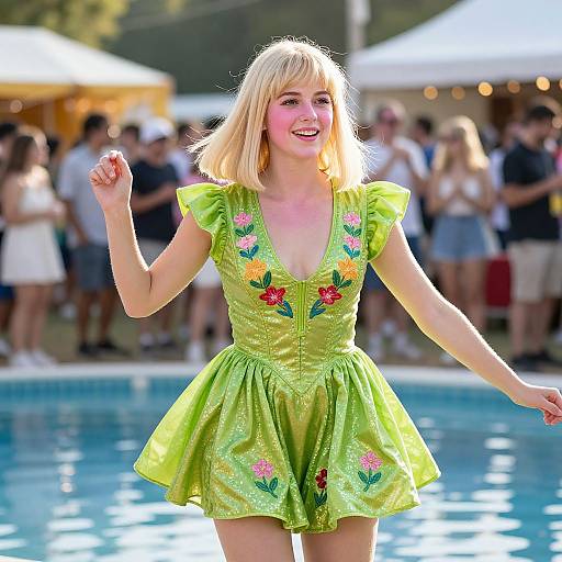Cheerful Party-Goer in Lime Green Dress
