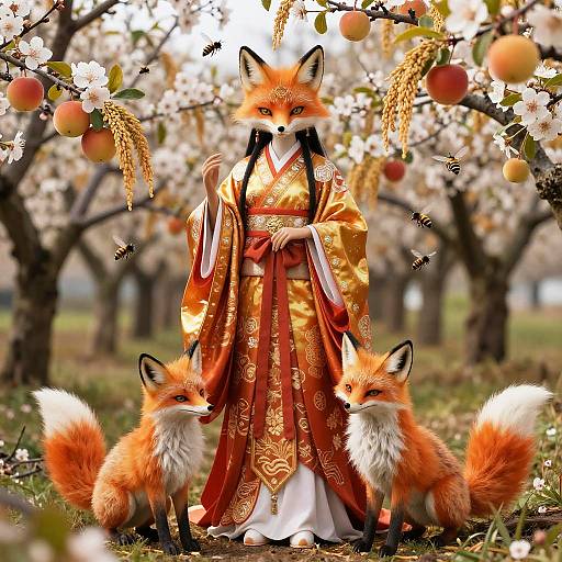 Digital illustration of an anthropomorphic fox in an ornate red and gold kimono, standing in a blossoming orchard with two fox kits in front