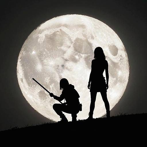 Silhouetted female warriors against a glowing full moon; one crouches with a weapon, the other stands tall. Dark, dramatic night scene