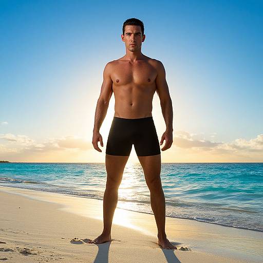 Photograph of a muscular, shirtless man with short dark hair, wearing black swim trunks, standing on a sunny beach at sunset with clear blue
