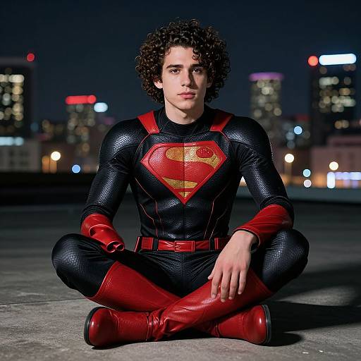 Photograph of curly-haired young man in black and red Superboy costume, seated cross-legged at night in urban rooftop setting.