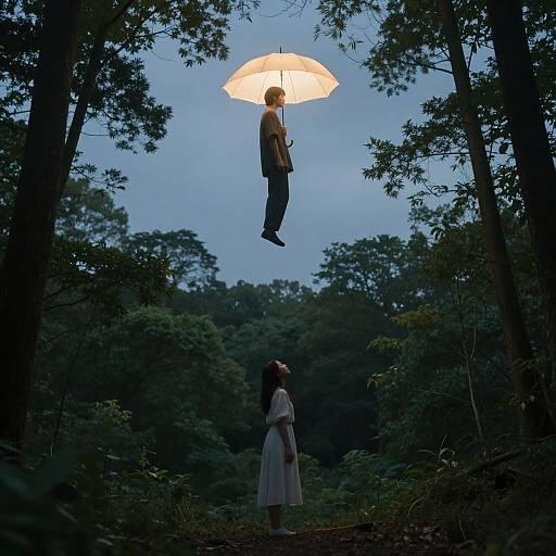 Photograph of a forest at dusk: a man floats mid-air holding a glowing umbrella, while a woman in a white dress gazes up below.