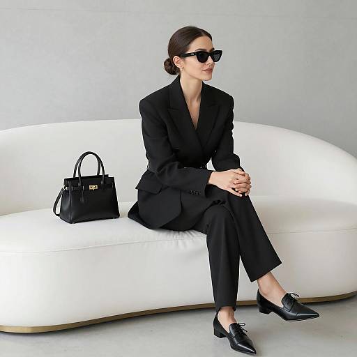 Elegant Woman in Black Suit Sitting on White Sofa