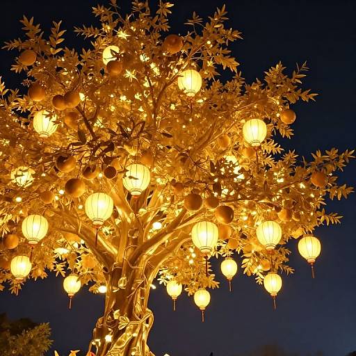 Photograph of a golden-orange illuminated tree with glowing lanterns and fruit, set against a dark blue night sky.