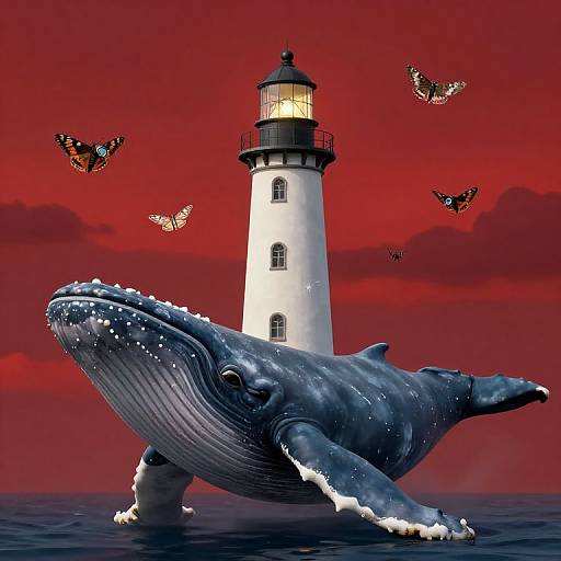 Digital artwork of a white lighthouse with glowing light, surrounded by four butterflies, and a massive blue whale emerging from the ocean under a red, cloud