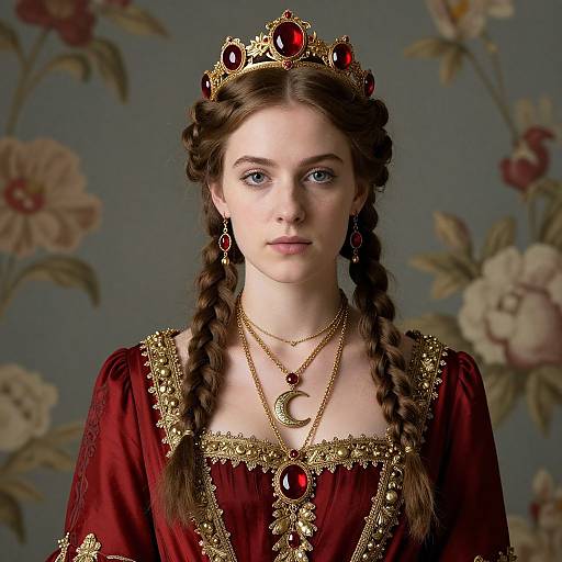 Photograph of a fair-skinned young woman with braided brown hair, wearing a red velvet dress with gold embroidery, a red gemstone crown,