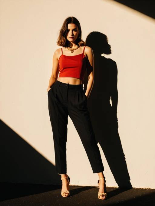 Chic Woman in Red Crop Top and Black Trousers