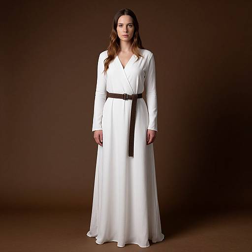 Photograph of a woman with long brown hair, wearing a white long-sleeve dress with a black belt, standing against a dark brown background.