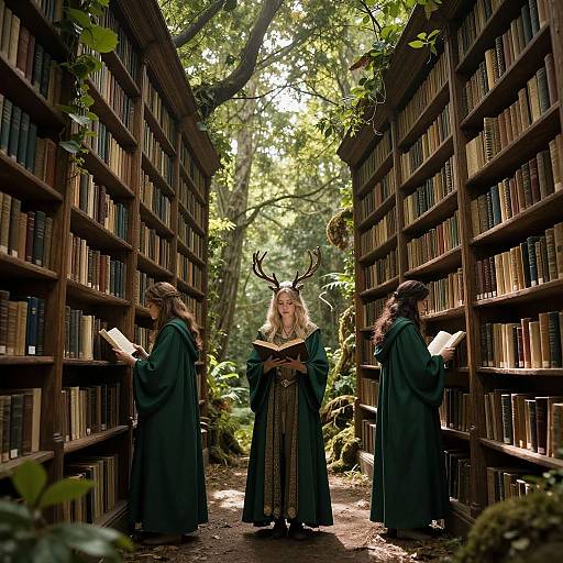 Photograph of three robed figures in a sunlit library aisle, with a central figure wearing antlers reading a book, surrounded by towering shelves and