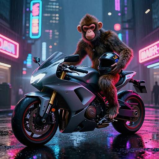 CGI image of a furry monkey wearing a black motorcycle helmet, riding a sleek, silver sports bike in a neon-lit, rainy urban night scene