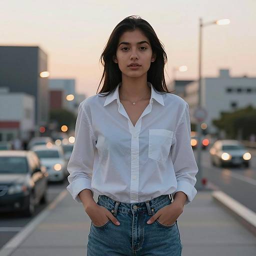 Confident Woman on City Rooftop at Dusk