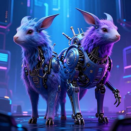 Digital CGI of two futuristic, cybernetic, fluffy, rabbit-like creatures with mechanical limbs and glowing blue and purple lighting in a sci-fi setting.