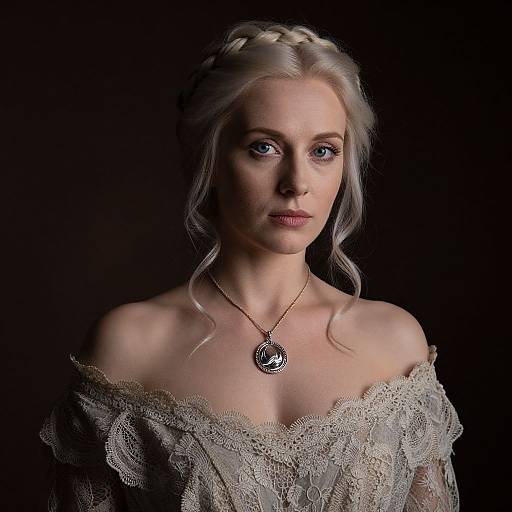 Photograph of a pale-skinned, blonde woman with braided hair, wearing an off-shoulder lace dress and a pendant necklace, against a