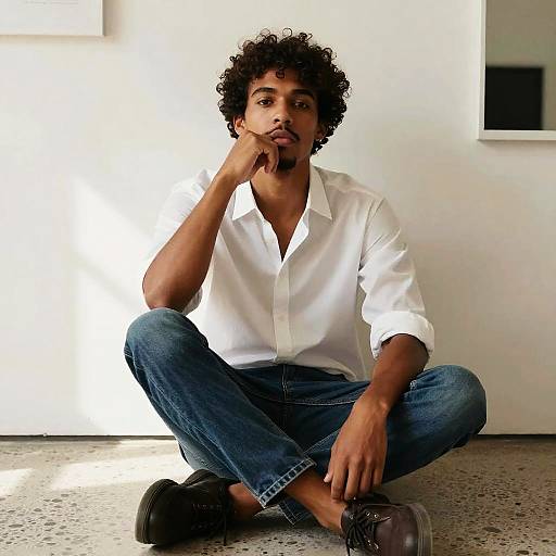 Photograph of a curly-haired, dark-skinned man in a white button-down shirt and blue jeans, sitting cross-legged on a speckled floor