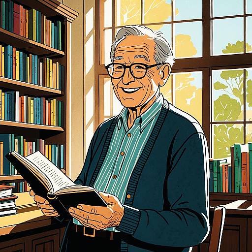 Elderly Man Reading in Sunlit Library