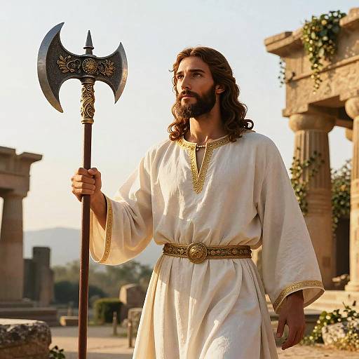 Photograph of a bearded, long-haired man with brown skin, wearing a white, gold-trimmed tunic and brown belt, holding a