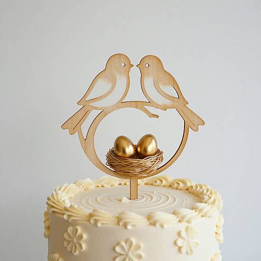 Photograph of a gold bird-shaped cake topper with two birds kissing above a nest holding two golden eggs, on an ivory, flower-decorated