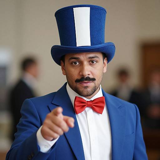 Photograph of a bearded man with dark skin and brown eyes, wearing a blue top hat, blue suit, white shirt, and red bow tie