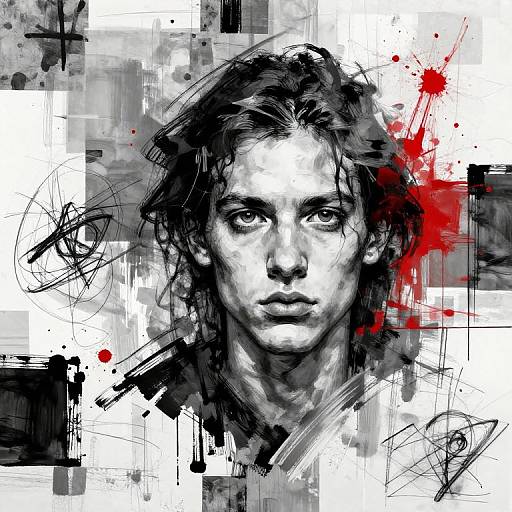 Digital portrait of a serious young man with messy hair, black and white sketch style, with red splatter accents, and abstract black and gray background.