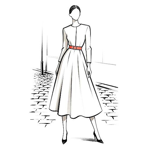 Minimalist digital sketch of a faceless woman in a long white dress with a red belt, standing on cobblestones.