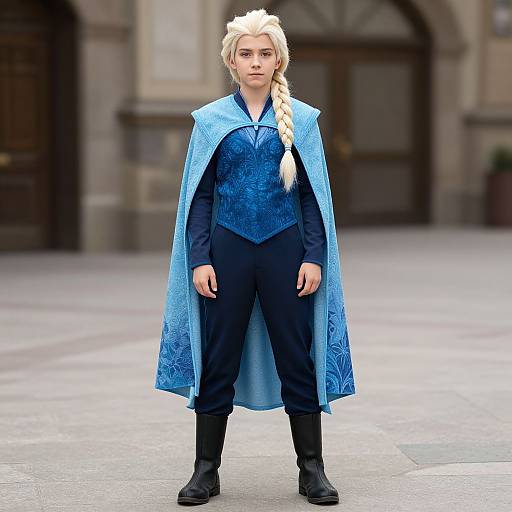 Photograph of a young woman with blonde braided hair, wearing a blue Elsa-inspired cape and dark outfit, standing confidently in a cobblestone courtyard