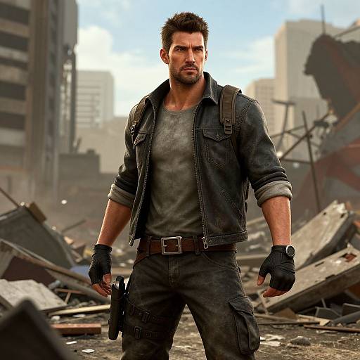Photorealistic digital artwork of a muscular, bearded man with short dark hair, wearing a black jacket and gloves, standing in a ruined, debris