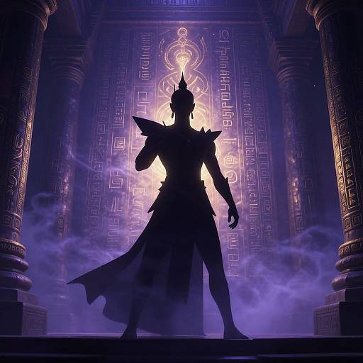 Silhouetted, armored figure with spiked helmet stands before glowing, intricate, purple-hued wall, flanked by columns, surrounded by mist.
