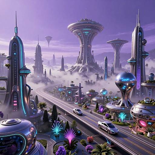 Digital art of a futuristic cityscape with neon-lit skyscrapers, floating structures, mist-covered streets, glowing plants, and sleek cars on a