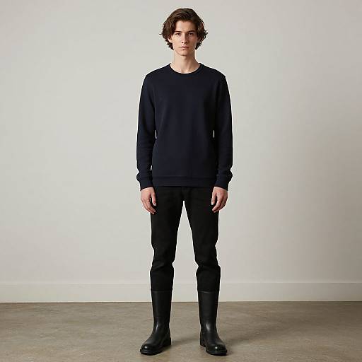 Photograph of a young man with curly brown hair, wearing a black sweatshirt, black pants, and black boots, standing against a plain white wall