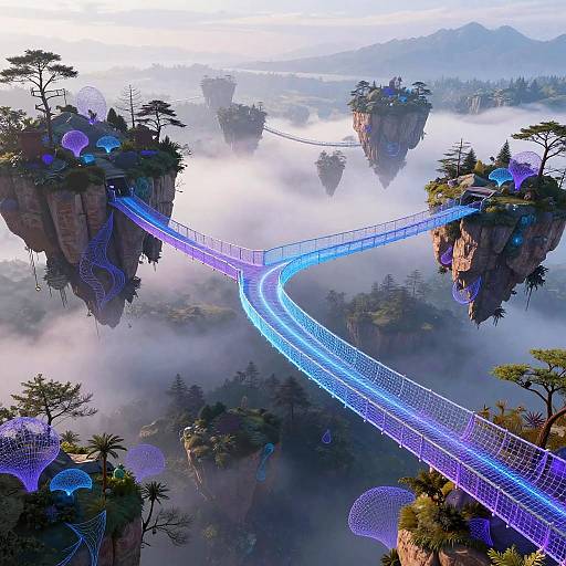 Fantastical CGI image of floating islands connected by glowing blue and purple suspension bridges, surrounded by misty mountains and lush greenery.