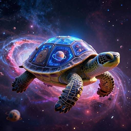 Digital artwork: A detailed, glowing turtle with a hexagonal shell floats in a vibrant, cosmic galaxy filled with swirling nebulas and stars.